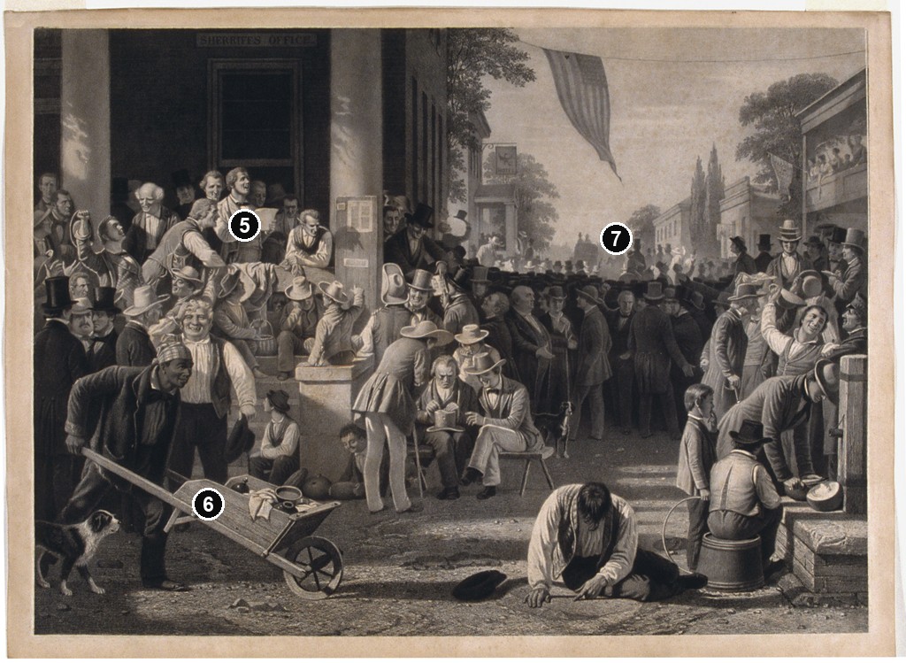 Annotated details from The Verdict of the People, lithographic proof, ca. 1858–59 by George Caleb Bingham